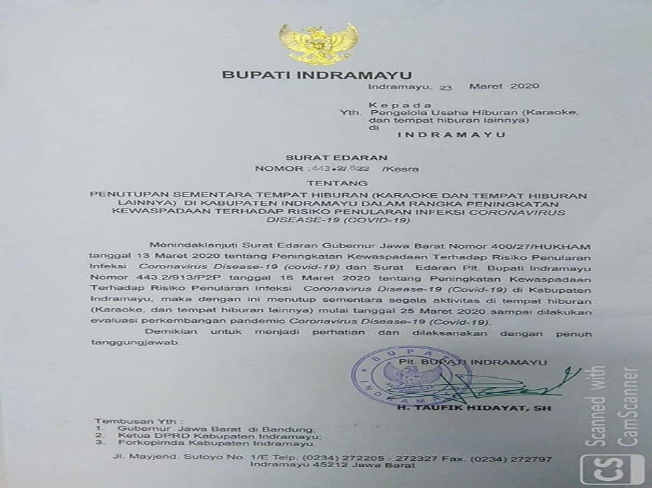 Surat Edaran Bupati Indramayu Tentang Penutupan Sementara Tempat Hiburan